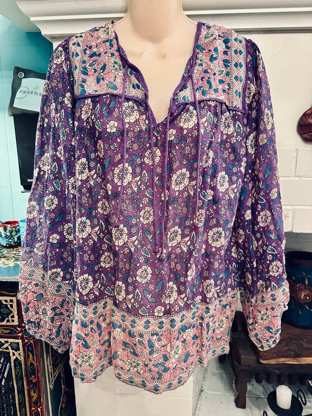 NEW BLUE BOHEME PURPLE COTTON BLOCK PRINT BLOUSE OSFA INDIA FRANCE BOHO